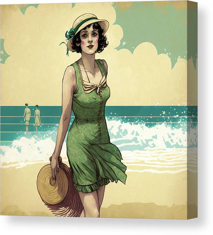 Flapper Canvas Print featuring the digital art 1920s Flapper Woman at the Beach 01 by Matthias Hauser