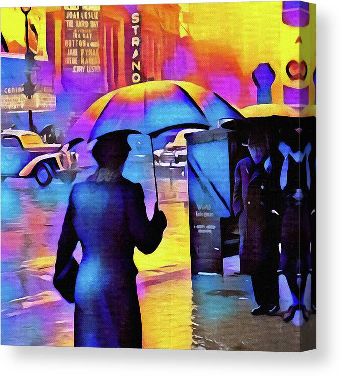 1940s Times Square Rain Iii Canvas Print featuring the digital art 1940s Times Square Rain IIl by Susan Maxwell Schmidt