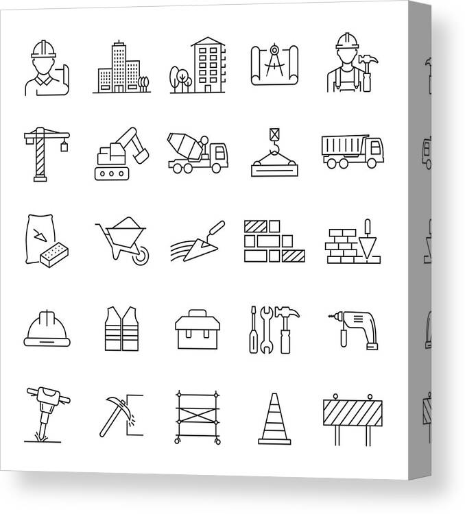 Construction Machinery Canvas Print featuring the drawing Set of Construction and Architecture Related Line Icons. Editable Stroke. Simple Outline Icons. #2 by Cnythzl