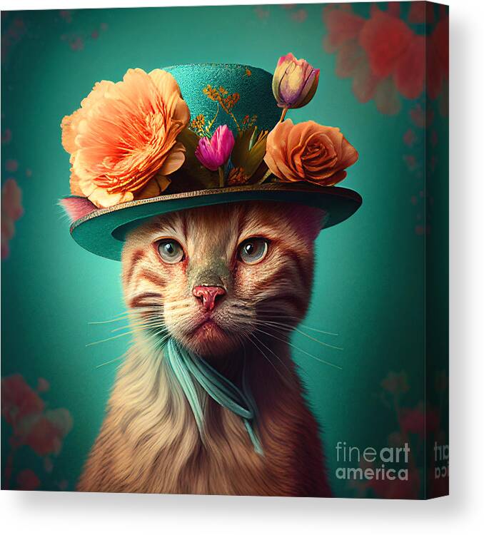 Cat Canvas Print featuring the mixed media A cat with a hat by Binka Kirova