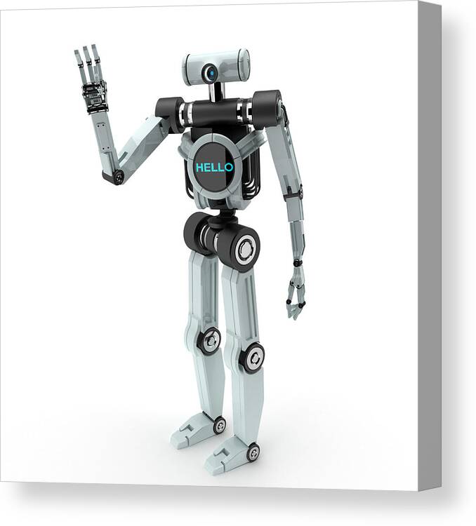 White Background Canvas Print featuring the photograph A robot waving his hand with the word hello on his body by 3alexd