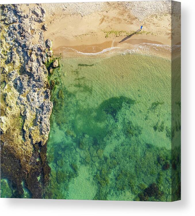 Aerial Canvas Print featuring the photograph A stroll along the beach in summer by Mirko Chessari