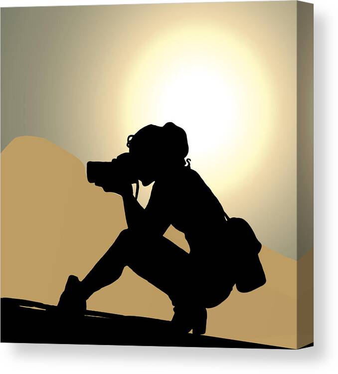 Camera Canvas Print featuring the drawing Abstract camera female photographer woman silhouette landscape nature print by Mounir Khalfouf