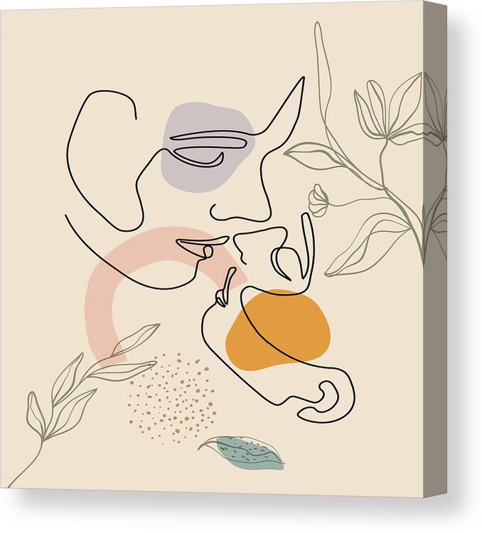 Love Print Canvas Print featuring the drawing Abstract couple kisses line art, romantic poster, couple one line art, kissing single line drawing by Mounir Khalfouf