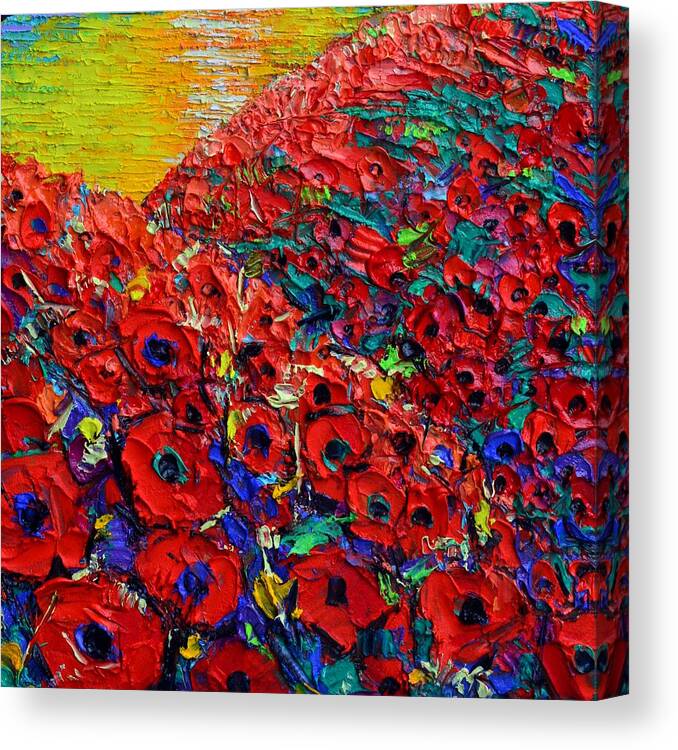 Poppy Canvas Print featuring the painting ABSTRACT POPPY HILLS 43 textural impressionist impasto palette knife oil painting Ana Maria Edulescu by Ana Maria Edulescu