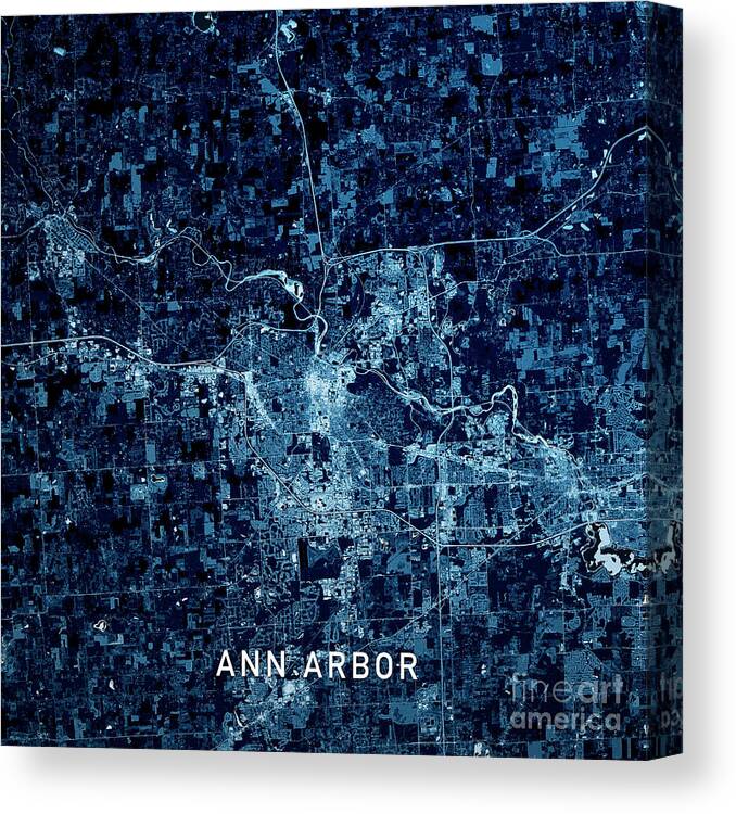 Ann Arbor Canvas Print featuring the digital art Ann Arbor Michigan 3D Render Map Blue Top View Aug 2019 by Frank Ramspott