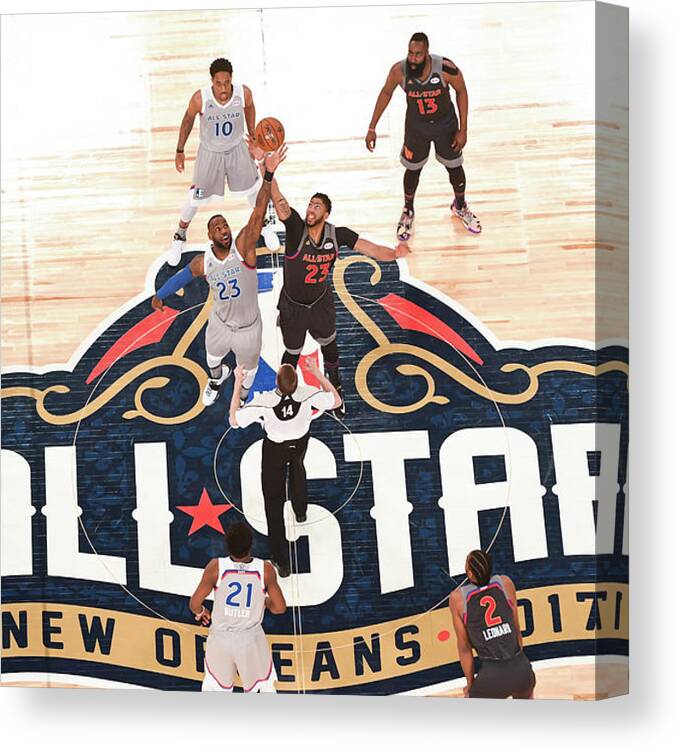 A Jumpball During The 2017 All-star Game Is Captured In This Photo Taken On February 19 Canvas Print featuring the photograph Anthony Davis and Lebron James by Garrett Ellwood