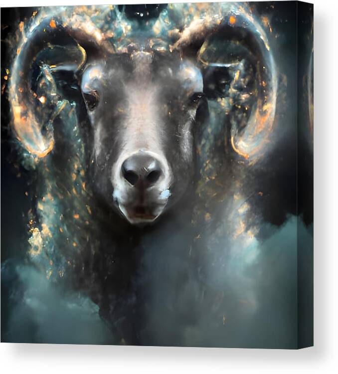 Digital Aries Zodiac Ram Horns Canvas Print featuring the digital art Aries And Stars by Beverly Read
