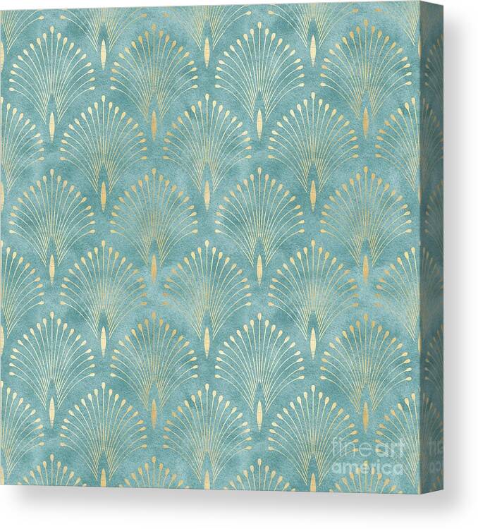1920s Canvas Print featuring the painting Art Deco Aqua Blue Gold Fan Pattern by Art Deco