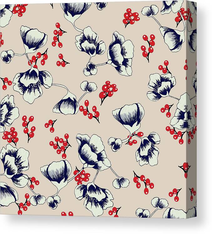 Asian Canvas Print featuring the digital art Asian Blossoms with Red Berries by Sand And Chi