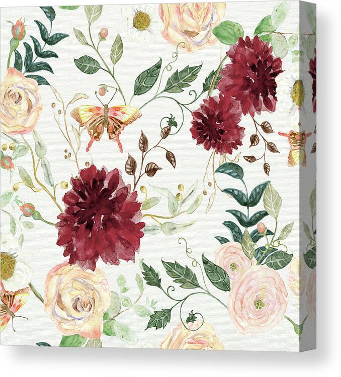 Modern Bohemian Floral Canvas Print featuring the painting Autumn Fall Burgundy Blush Floral Butterfly w Foliage Greenery by Audrey Jeanne Roberts