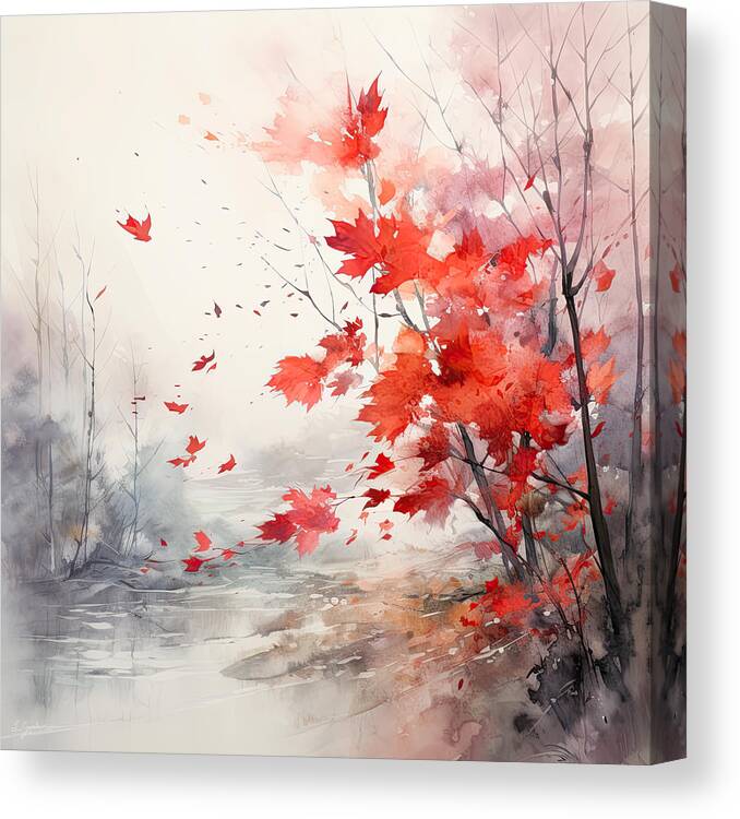 Gray And Red Art Canvas Print featuring the painting Autumn Leaves Blowing with the Wind by Lourry Legarde