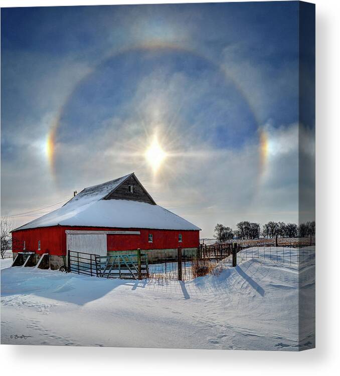 Sun Canvas Print featuring the photograph Barn with Sun Dogs by Bruce Morrison