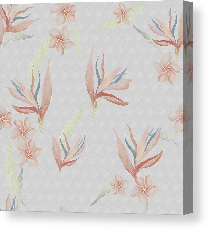 Bird Of Paradise Canvas Print featuring the digital art Bird of Paradise with Plumeria Blossoms Floral Print by Sand And Chi