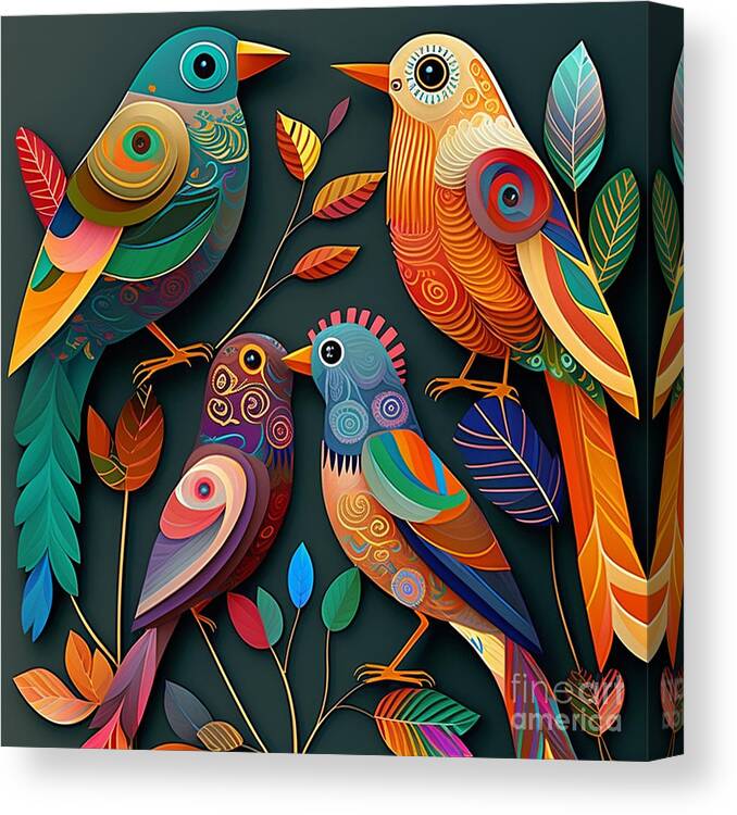 Birds Canvas Print featuring the digital art Birds - Folk Art I by Jay Schankman