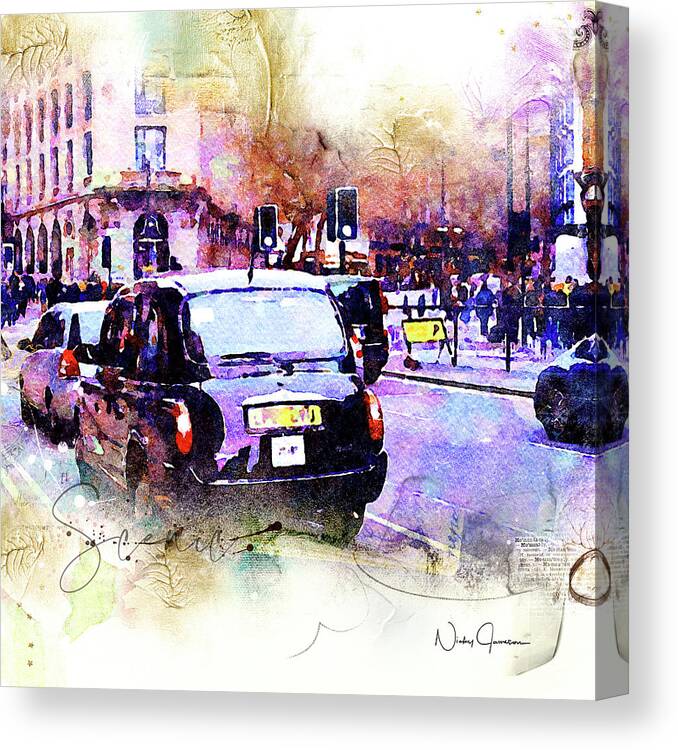 London Canvas Print featuring the mixed media Black Cab on Streets of London by Nicky Jameson