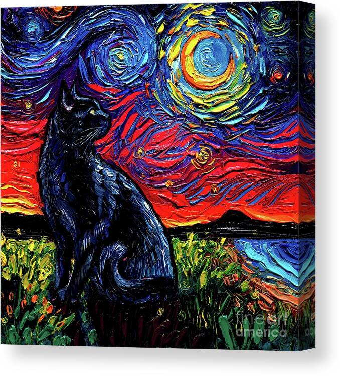 Black Cat Night 2 Canvas Print featuring the painting Black Cat Night 2 by Aja Trier