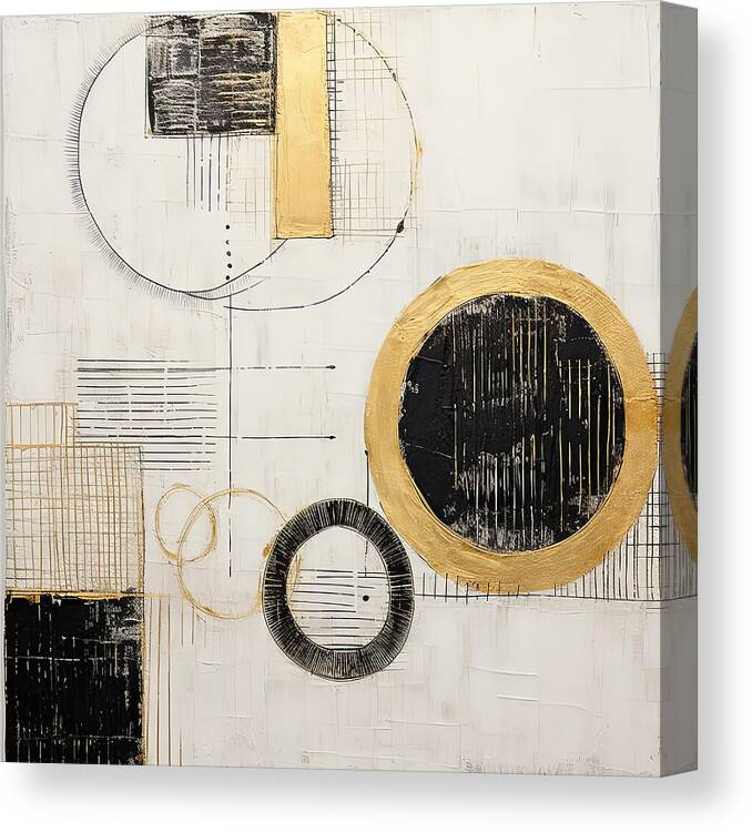 Black And Gold Canvas Print featuring the painting Black Circle with Gold Rings on Neutral Canvas by Lourry Legarde