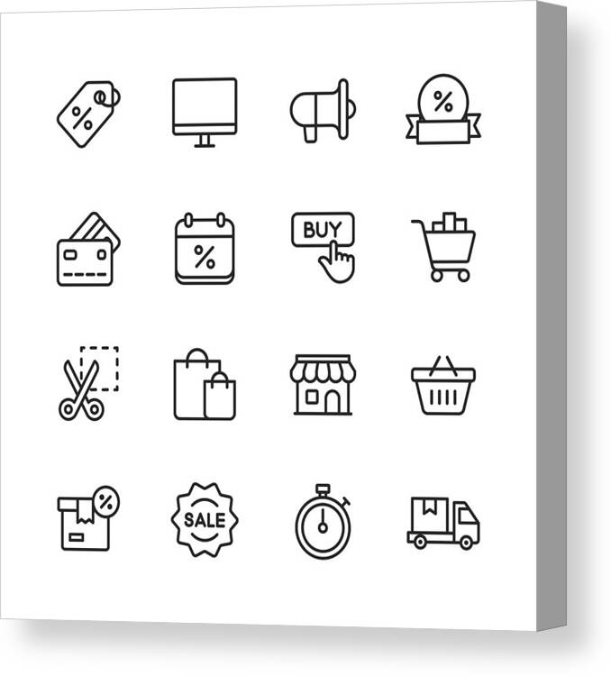 Event Canvas Print featuring the drawing Black Friday and Shopping Icons. Editable Stroke. Pixel Perfect. For Mobile and Web. Contains such icons as Black Friday, E-Commerce, Shopping, Store, Sale, Credit Card, Deal, Free Delivery, Discount. by Rambo182