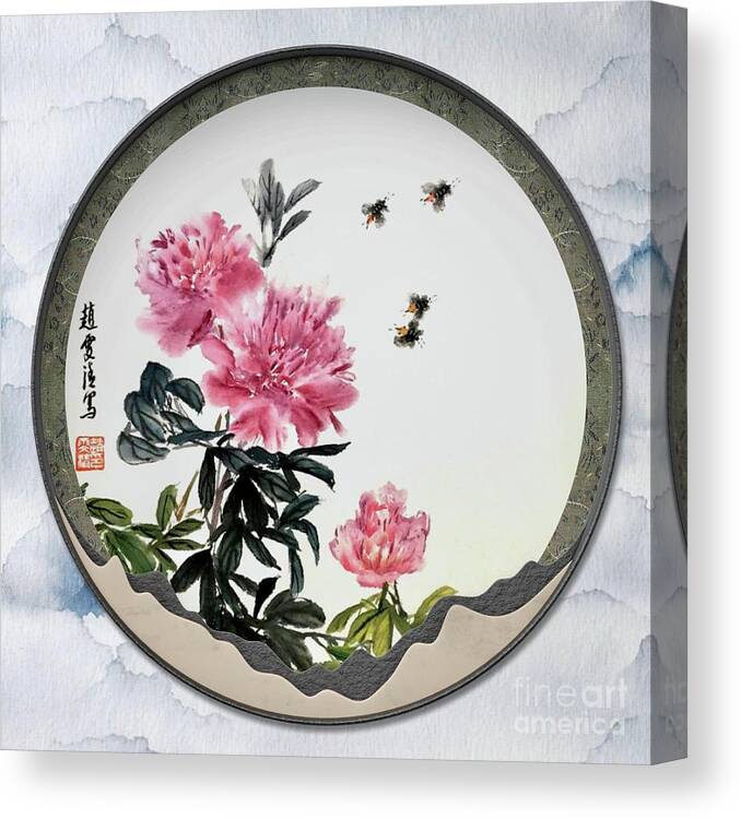 Pretty Canvas Print featuring the painting Blooming Flowers and Full Moon Brings Longevity by Carmen Lam
