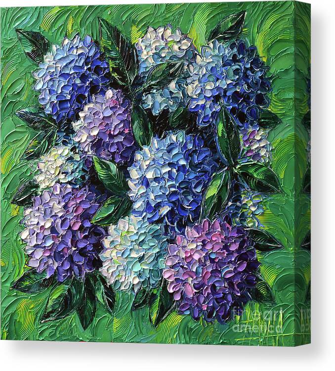 Hydrangeas Canvas Print featuring the painting Blue And Purple Hydrangeas by Mona Edulesco