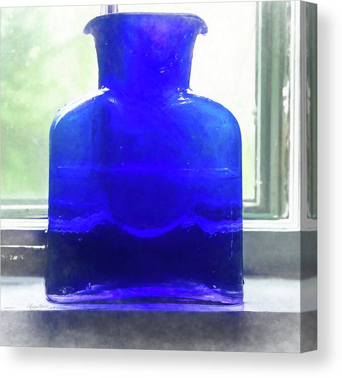 Blue Bottle In The Window Canvas Print featuring the photograph Blue Bottle in the Window by Sharon Popek