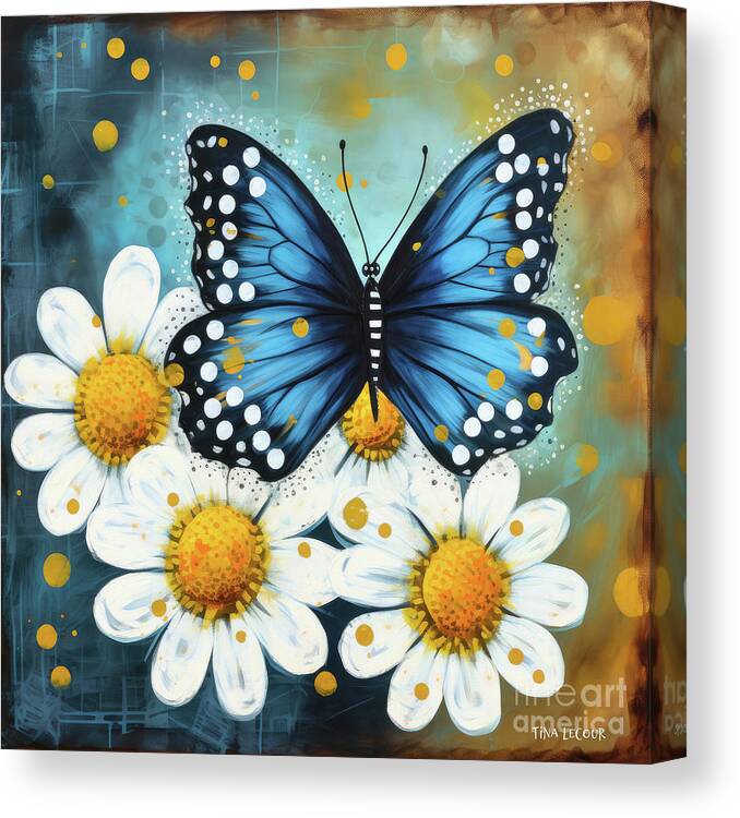 Blue Butterfly Canvas Print featuring the painting Blue Butterfly And Daises by Tina LeCour