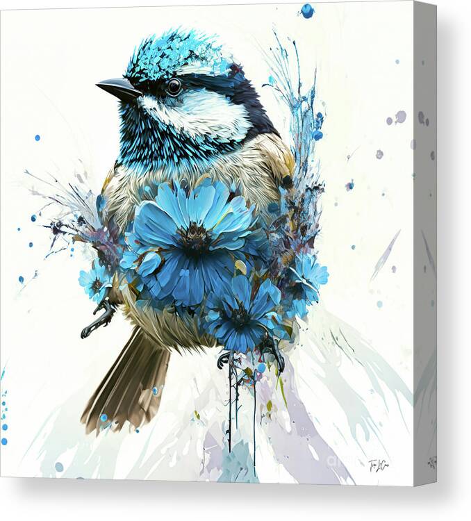 Black Capped Chickadee Canvas Print featuring the painting Blue Daisy Chickadee by Tina LeCour