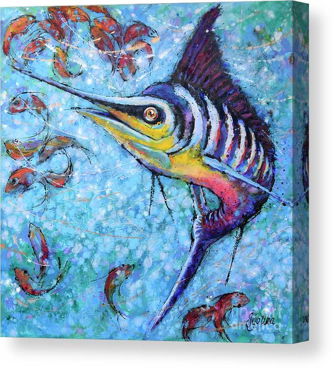 Blue Marlin Canvas Print featuring the painting Blue Marlin Hunting by Jyotika Shroff