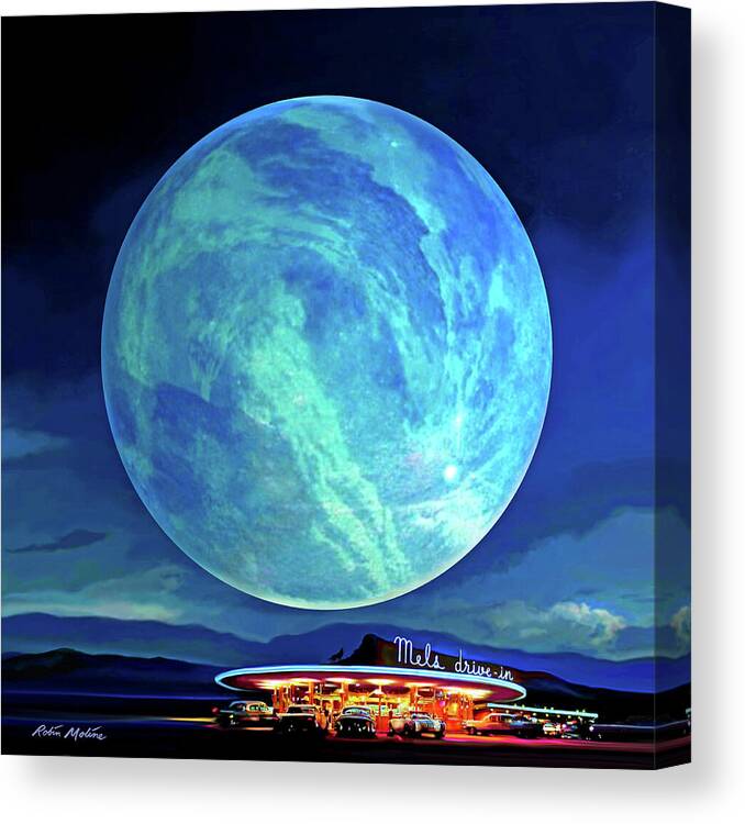 Blue Moon Canvas Print featuring the digital art Blue Moon Over Mel's by Robin Moline