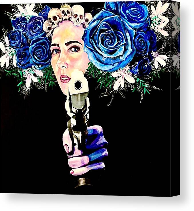 Gun Canvas Print featuring the painting Blue Rose Yelena The Killer by Yelena Tylkina