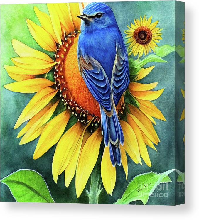 Bluebird Canvas Print featuring the painting Bluebird On The Sunflower by Tina LeCour