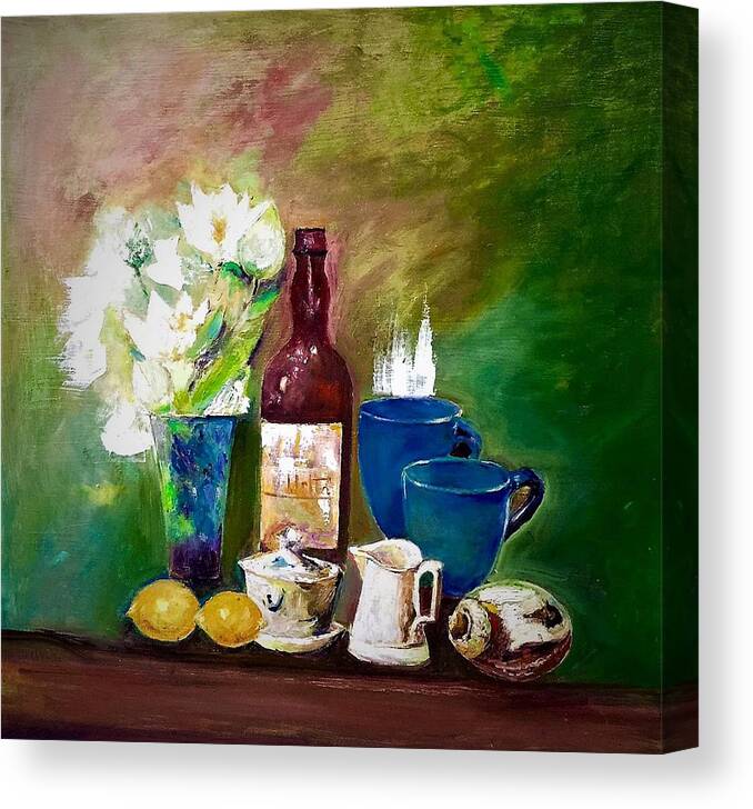 Still Life Canvas Print featuring the painting Bottle with cups by Khalid Saeed