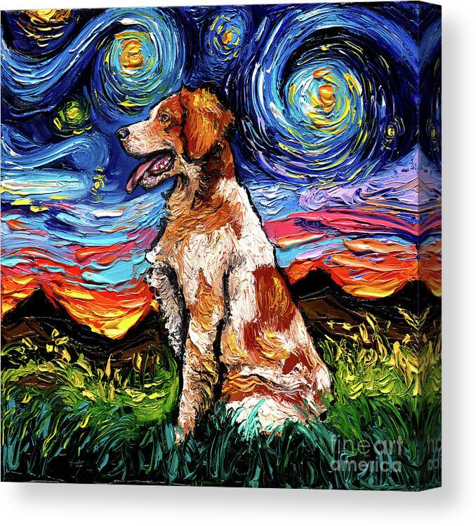 Starry Night Dog Canvas Print featuring the painting Brittany Spaniel Night by Aja Trier
