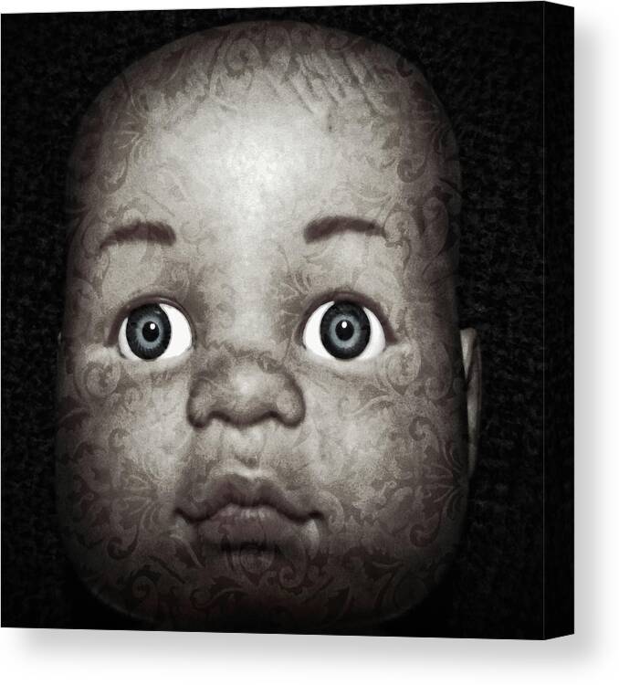 Black And White Canvas Print featuring the photograph Brocade Doll's Head by Tikvah's Hope