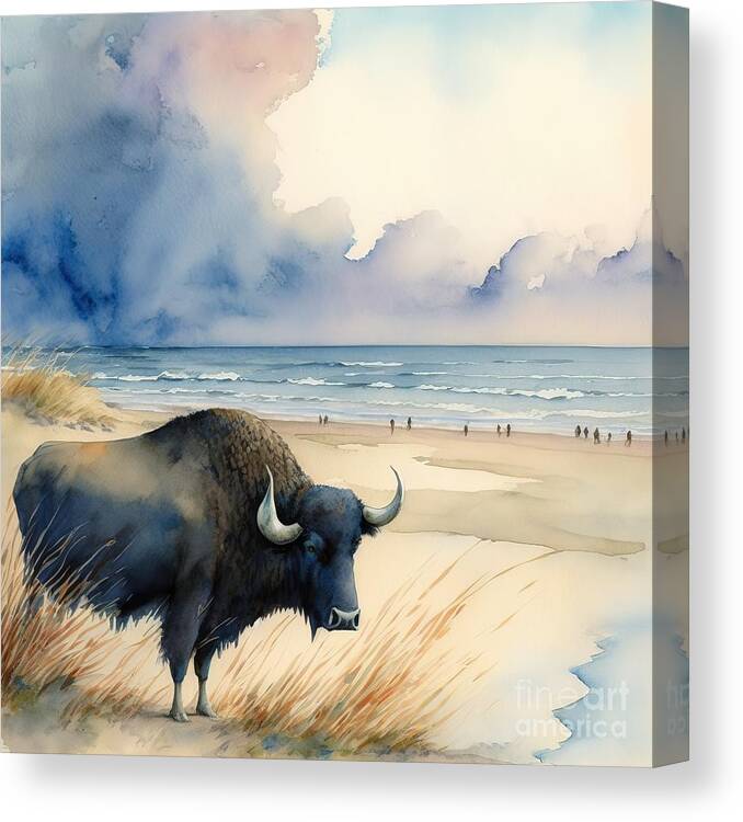 Bull Canvas Print featuring the painting Bull At The Beach by N Akkash