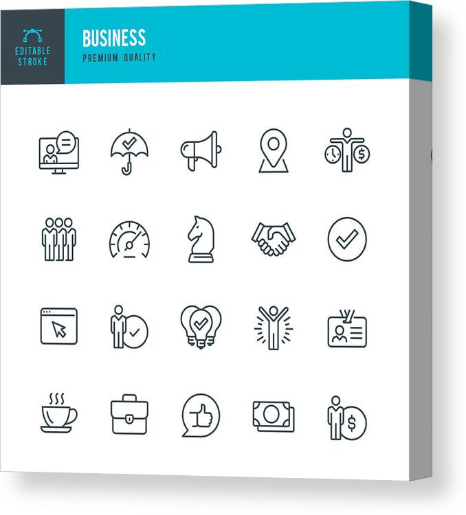 Advice Canvas Print featuring the drawing Business - thin line vector icon set. Editable stroke. Pixel Perfect. Set contains such icons as Team, Strategy, Success, Performance, Website, Handshake. by Fonikum