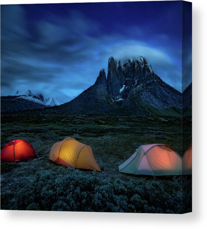 Greenland Canvas Print featuring the photograph Camping under mountains by Henry w Liu