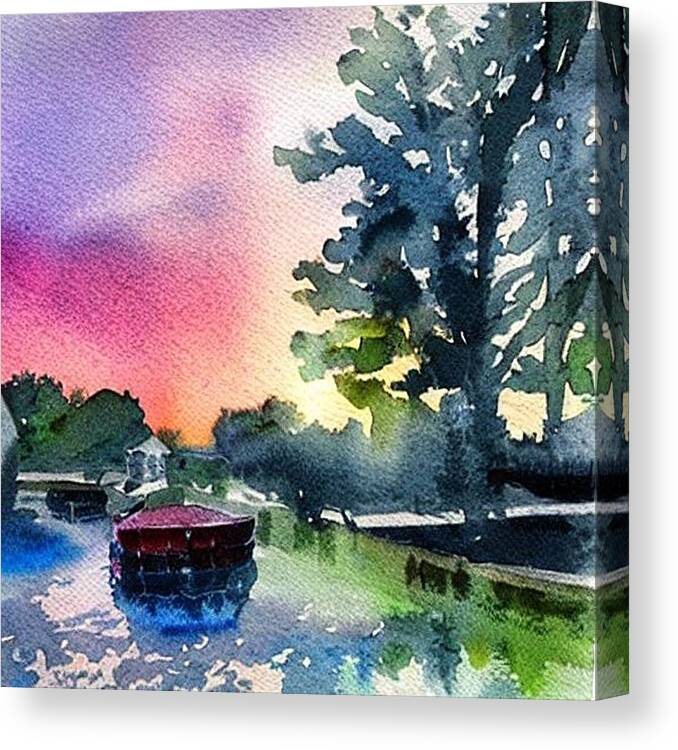 Waterloo Village Canvas Print featuring the painting Canal Boat at Waterloo Village, Morris Canal, Sunset by Christopher Lotito