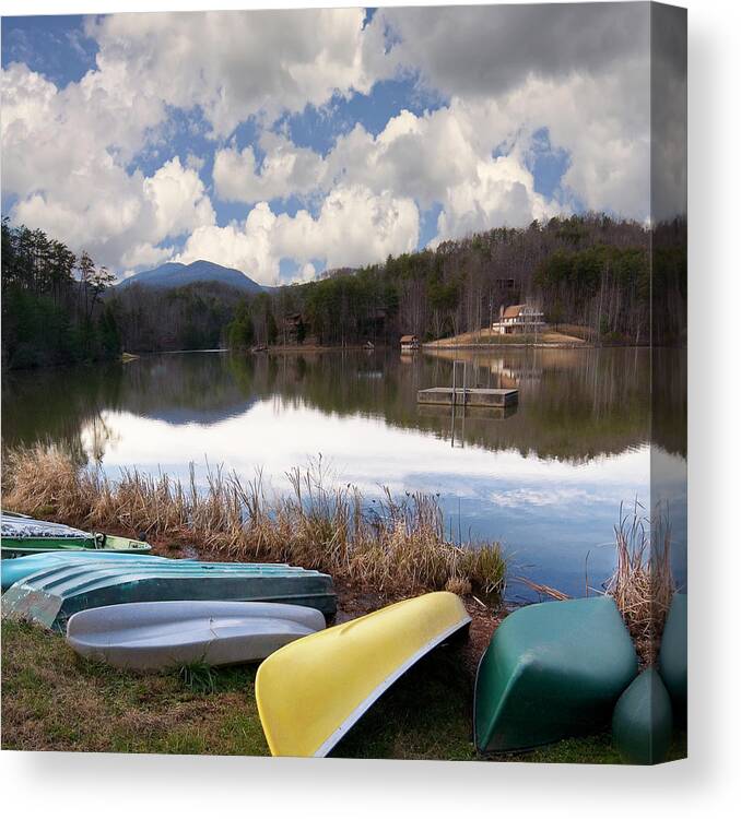 Colorful Canoes Photo Canvas Print featuring the photograph Canoes at Mirror Lake NC Square by Bob Pardue