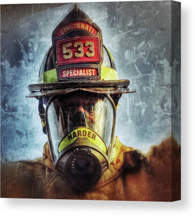 Firefighter Fireman Mask Fire Helmet Specialist Cincinnati Fire Department Canvas Print featuring the photograph Car 533 by Al Harden