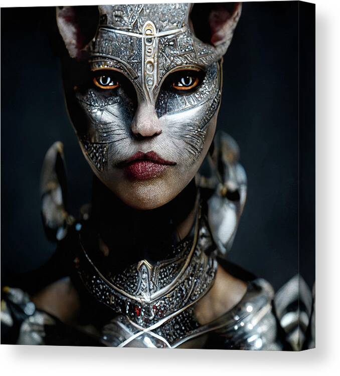Warriors Canvas Print featuring the digital art Cat Woman Warrior Portrait by Peggy Collins