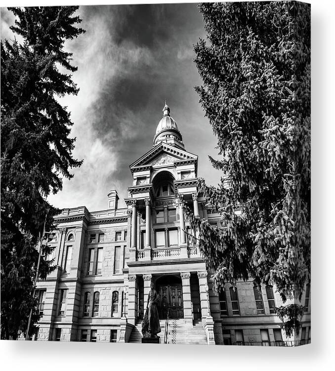 Cheyenne Wyoming Canvas Print featuring the photograph Cheyenne Wyoming Capitol Building and Trees in Black and White 1x1 by Gregory Ballos