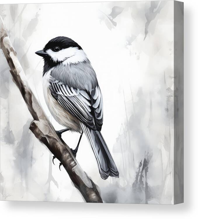 Chickadee Canvas Print featuring the painting Chickadee's Charcoal Tale by Lourry Legarde