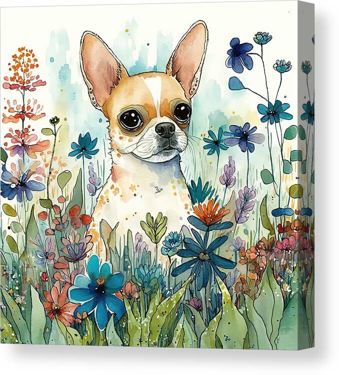 Chihuahua Canvas Print featuring the digital art Chihuahua in a flower field 5 by Debbie Brown
