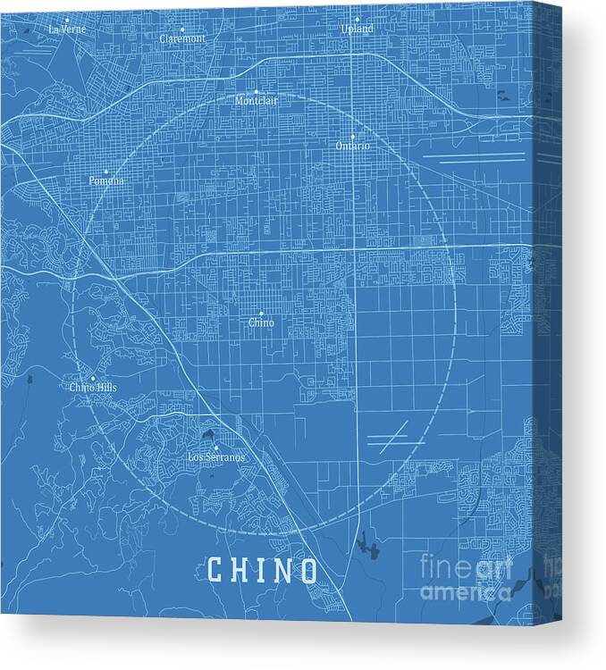 California Canvas Print featuring the digital art Chino CA City Vector Road Map Blue Text by Frank Ramspott