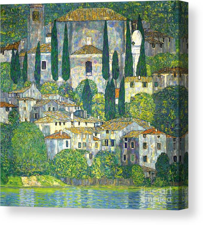 Church In Cassone Canvas Print featuring the painting Church in Cassone. Landscape with Cypress by Gustav Klimt