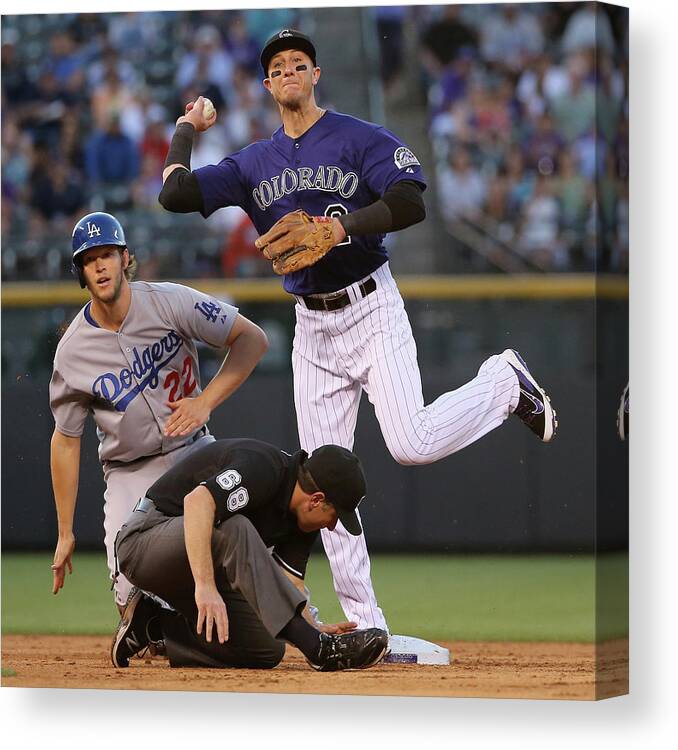 People Canvas Print featuring the photograph Clayton Kershaw, Troy Tulowitzki, and Joc Pederson by Doug Pensinger