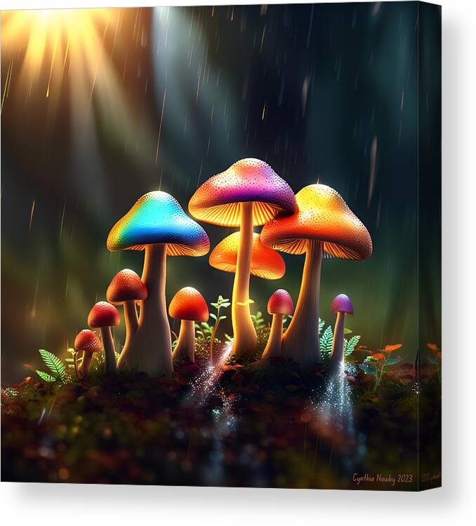 Ai Canvas Print featuring the digital art Colorful Mushrooms by Cindy's Creative Corner