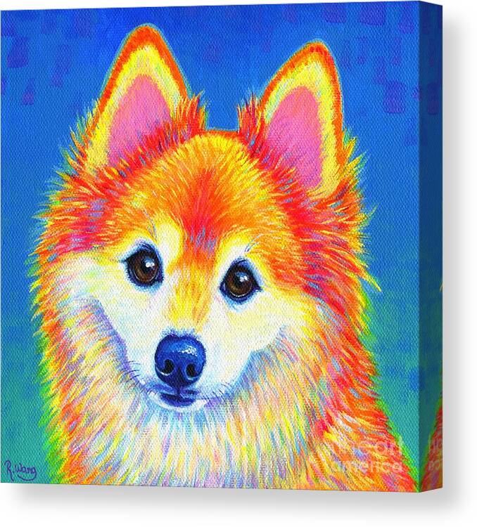 Pomeranian Canvas Print featuring the painting Colorful Pomeranian Portrait - Sunshine by Rebecca Wang